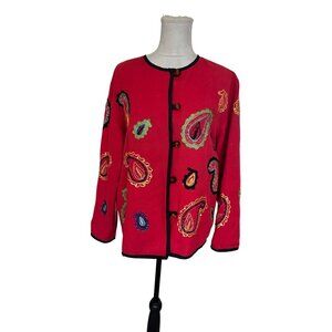 Vintage Allure Red Paisley Embroidered Button Up Jacket XL Wearable Art Shacket